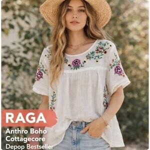 NWT RAGA Embroidered Boho Peasant Top White Floral Gauze Anthropologie Style S